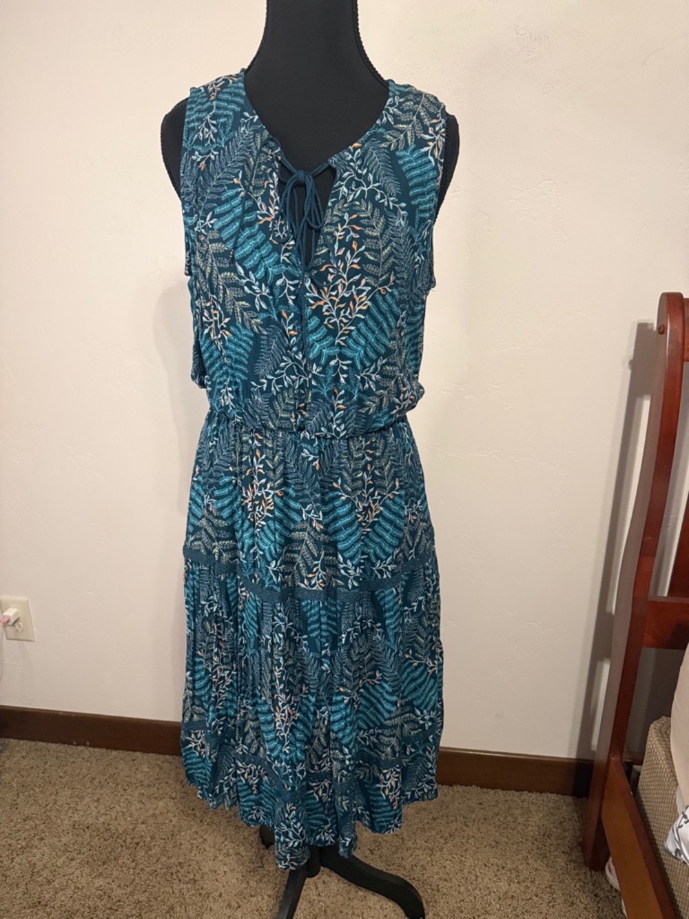 LC Lauren Conrad Teal Botanical Print Tie-Neck Midi Dress